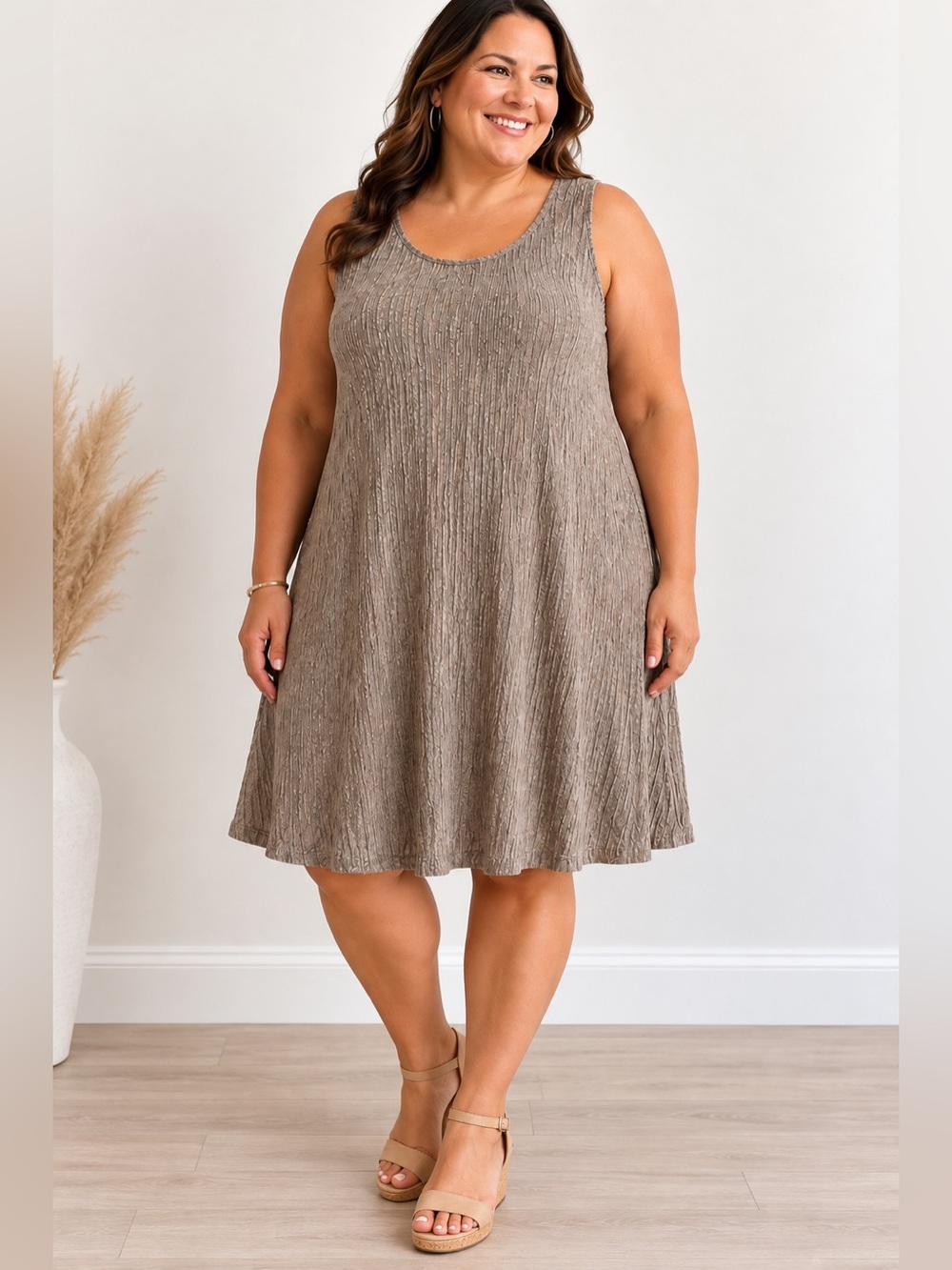 R&M Richards Women’s 14W Textured Sleeveless Swing Dress Taupe Beige NWT